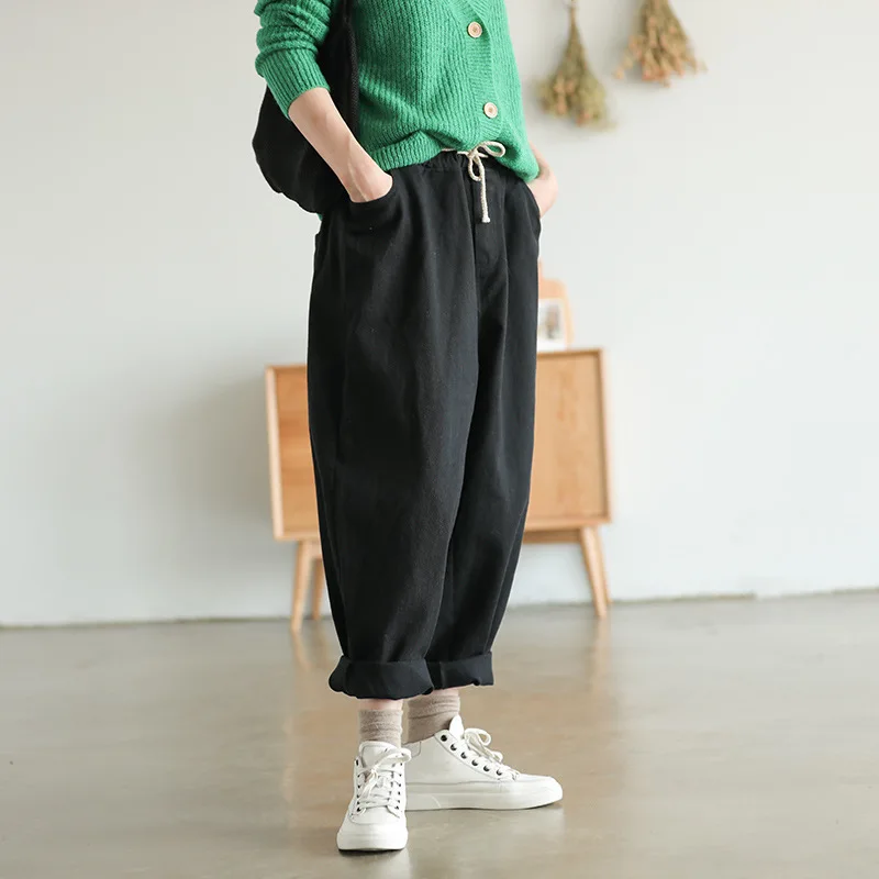 Runback Pantalones Mujer, свободные женские штаны, брюки с высокой талией, Хлопковые Штаны-шаровары, однотонная Повседневная Женская одежда размера плюс, черные штаны