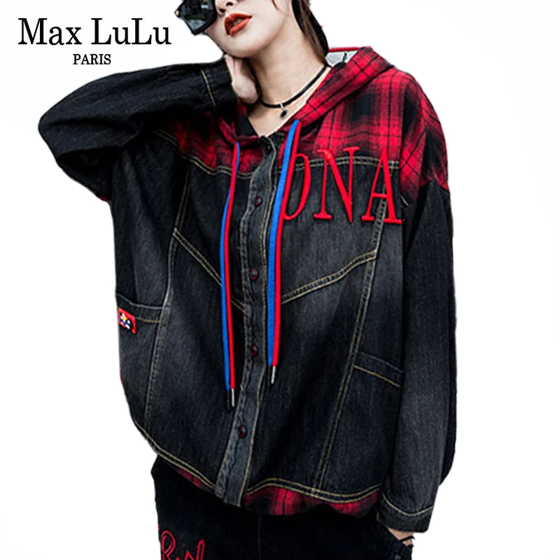 

Max LuLu New 2019 Korean Fashion Ladies Punk Plaid Hooded Jackets Womens Denim Patchwork Coats Casual Loose Streetwear Plus Size