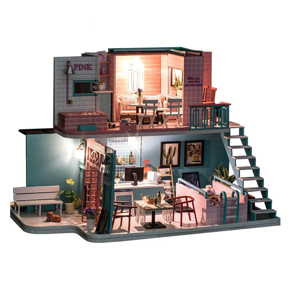 

Cafe Wooden DIY Miniature With LED Light 3D Model Educational DIY Miniature House Birthday Gift Handcraft Colorful Toy Assemble