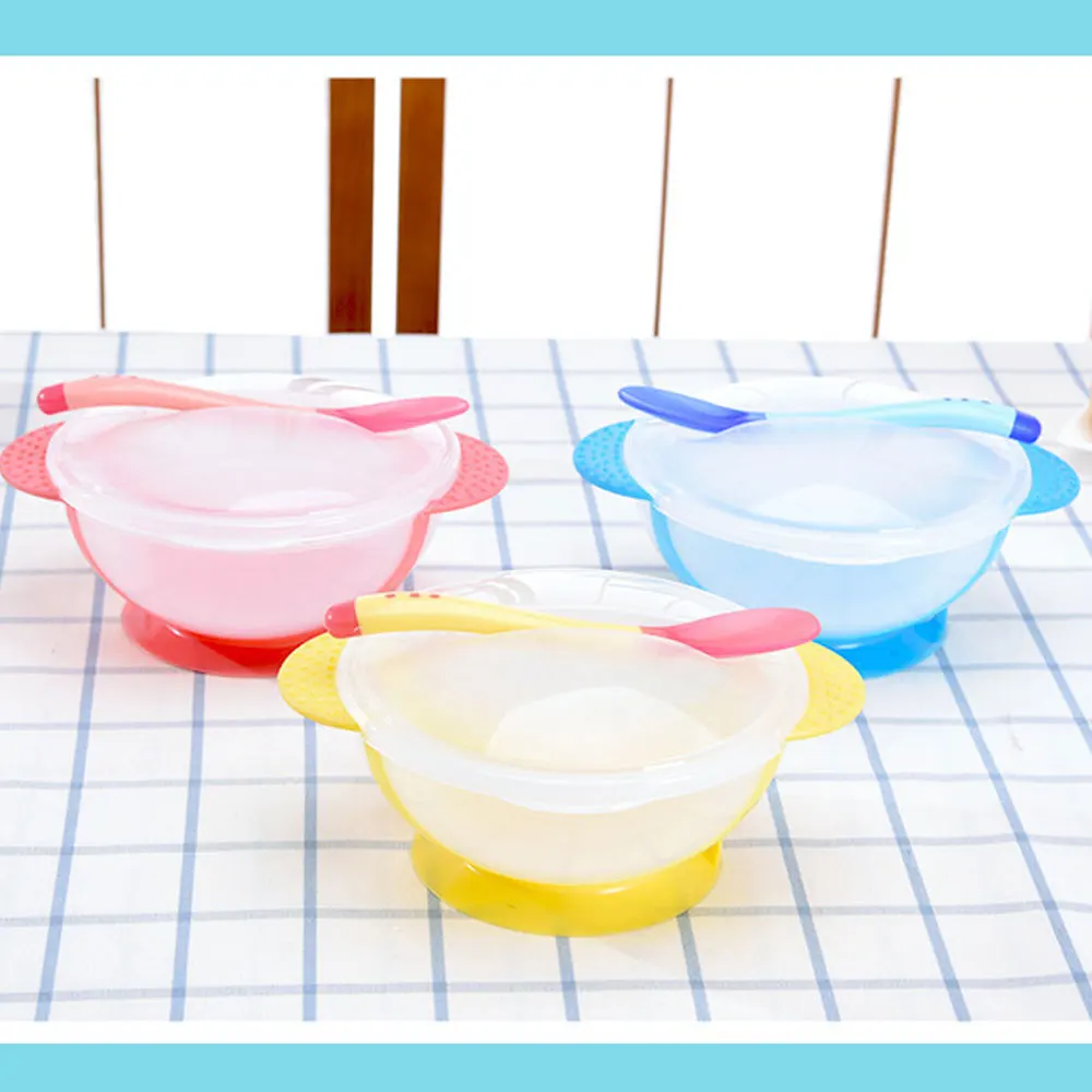 

Baby Bowl Spoon Cover Sets With Sucker Cup Infant Feeding Food Tableware Resistance Temperature Sensing Cutlery Learning Dishes