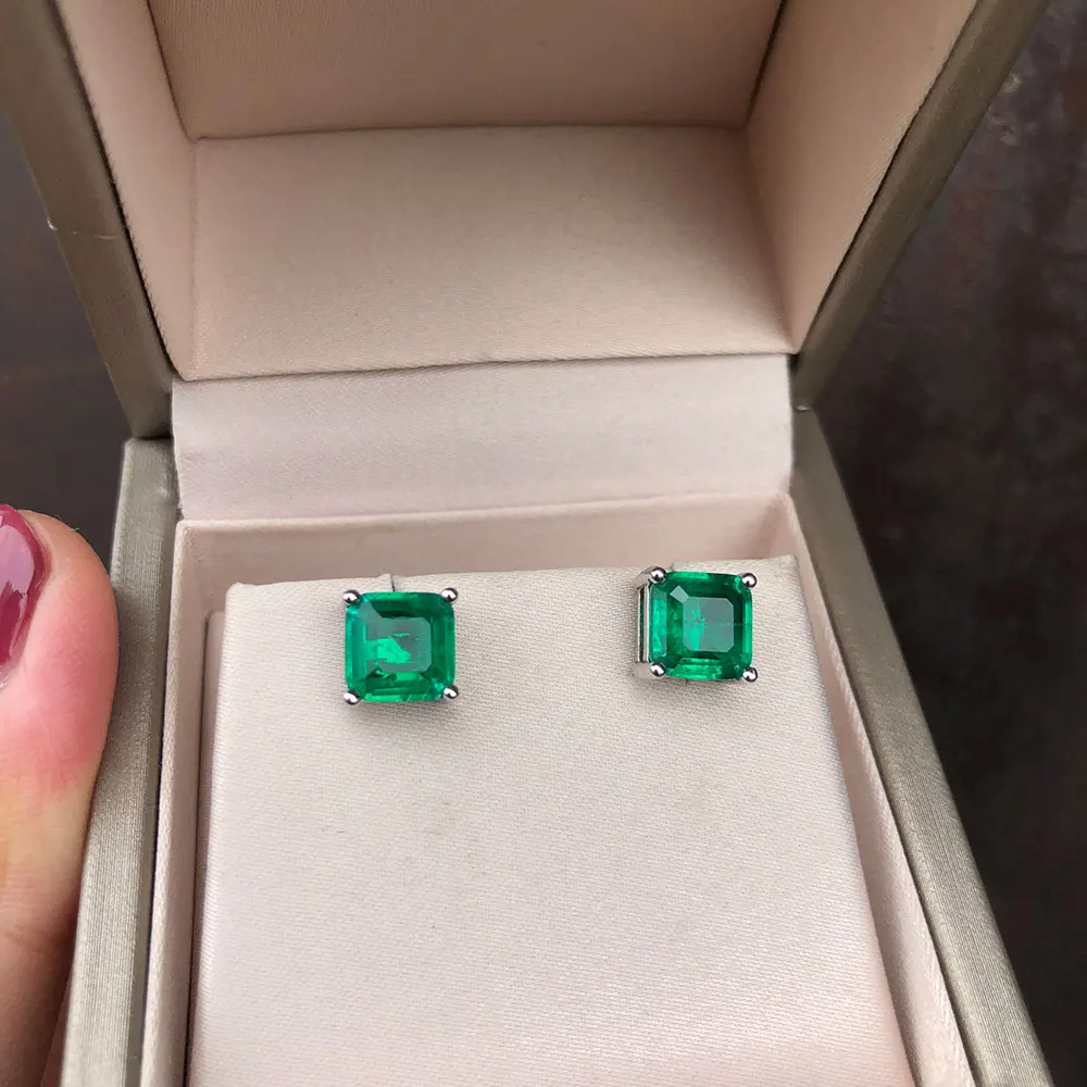 PANSYSEN Vintage Square Emerald Gemstone Stud Earrings for Women Real 925 sterling silver Anniversary Party Women Earrings