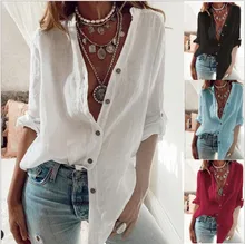 Large size loose cotton women  blouses 2020 autumn blouses casual tops fashion v-neck long-sleeved ladies shirt 5xl