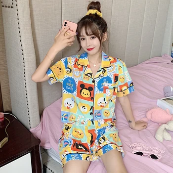 

Summer Women's Short-Sleeved Cardigan Lapel QMilch Set Pajamas for Women Women's Pajamas Turn-down Collar