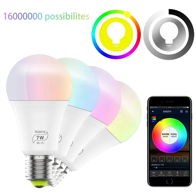 New Wireless Smart WiFi Light Bulb Led Lamp 7W RGB E27 Wake-Up Warm Lights Work with Alexa Google Home Lights 1pcs