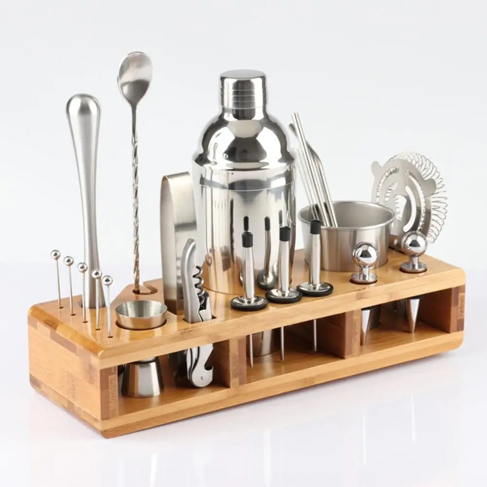 23pcs Stainless Steel Cocktail Shaker Set Barware Kit with Square Wooden Rack for Bartender Drink Party Bar Tools