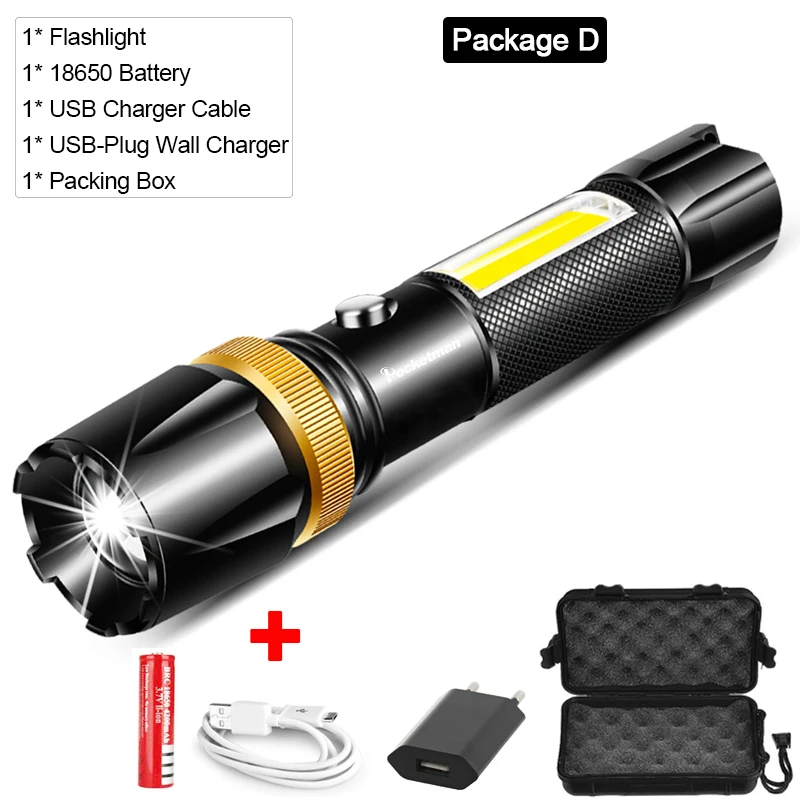 Package D Мощный светодиодный фонарь L2/T6 COB Светодиодный фонарь с подзарядкой от USB, водонепроницаемый фонарь с usb-кабелем, аккумулятор 18650 - Испускаемый цвет: Package D