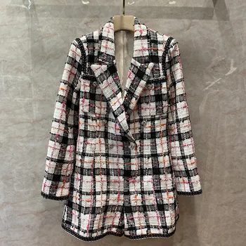 

Trendy Single Black White Check Pattern Tweed Weave Lapel Long Sleeve Single Button Temperament Elegant Suit Jumpsuit Fashion