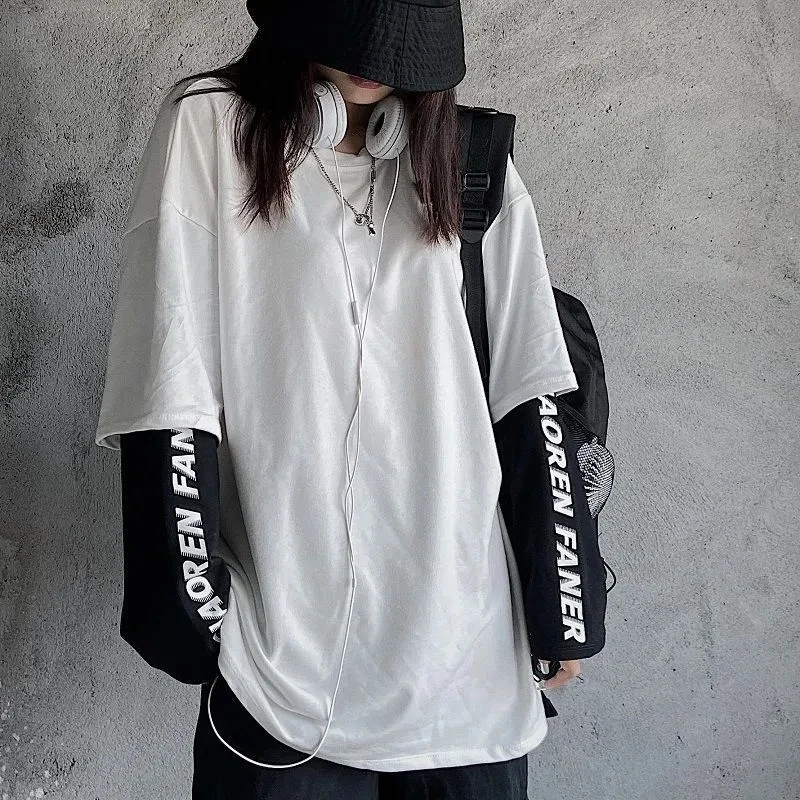 Camiseta de dos piezas falsas de costura de manga larga para mujer, Top holgado coreano de estilo Bf Harajuku de talla grande