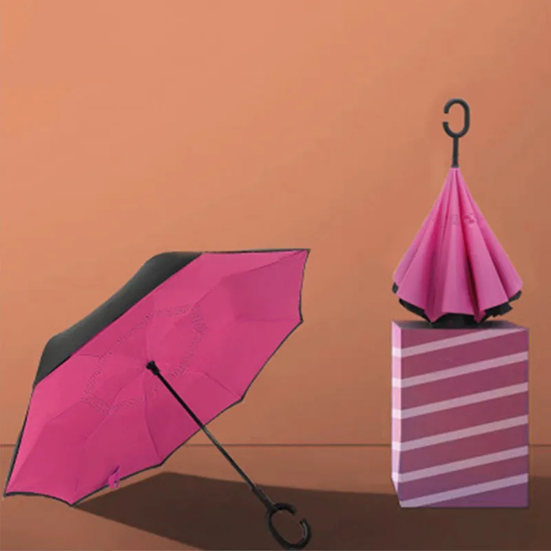 Складной обратный двухслойный зонтик перевернутый ветрозащитный дождевой автомобиль зонты для женщин ручка сплошной цвет прочный зонт