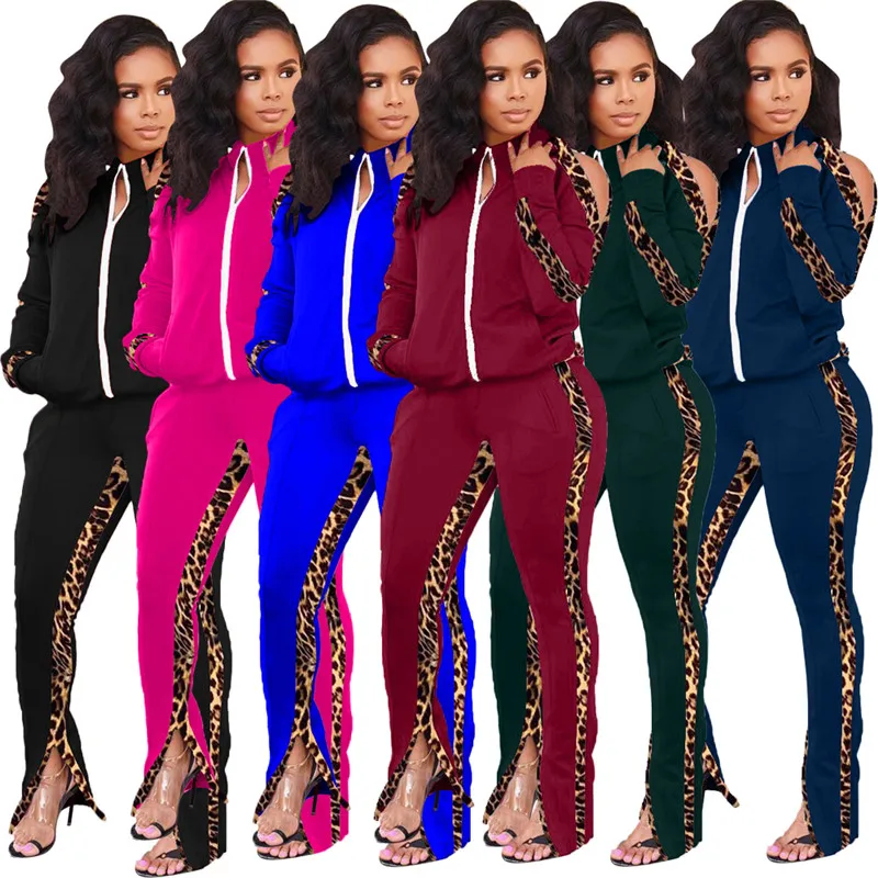 

Spring Autumn Leopard Print Tracksuit Women Casual Outfits Two Piece Set Off Shoulder Tops+Pants Suits Plus Size Clothing Sets