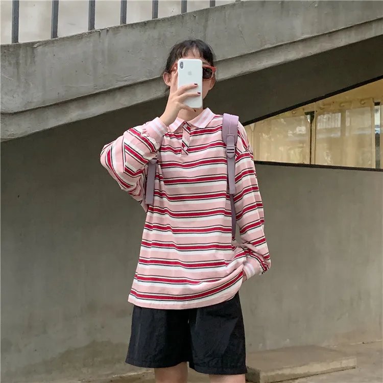 Tops women ins sweet lapels striped long sleeves summer Korean fashion loose oversize sets of Harajuku BF casual women T-shirt