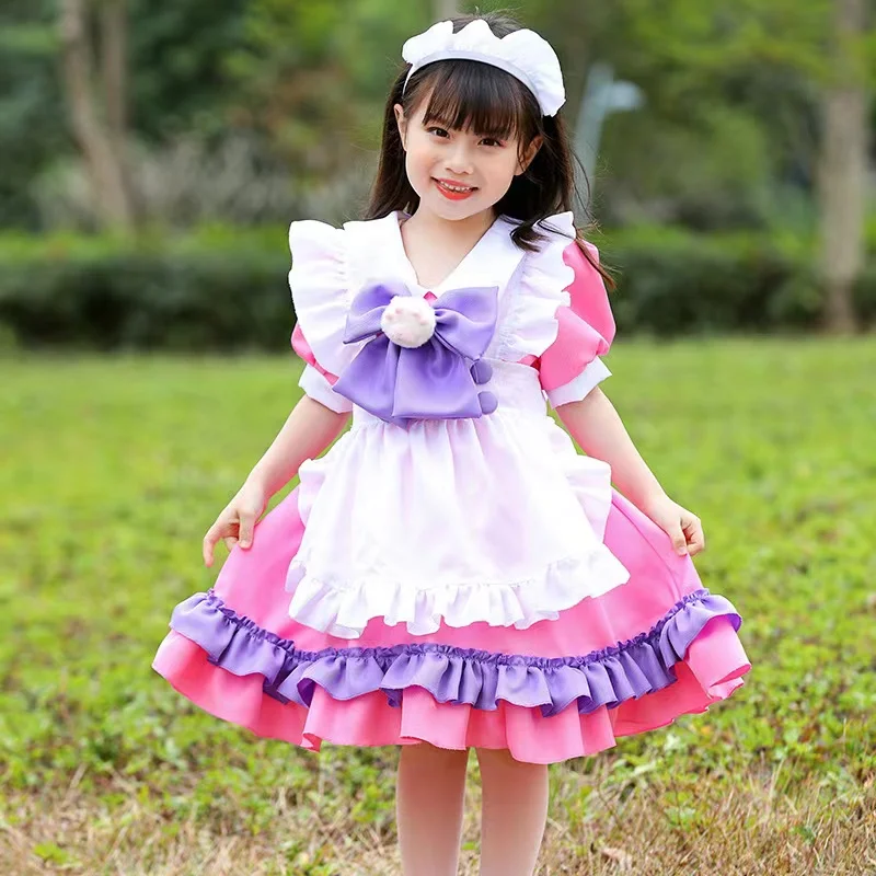 

Pink Bow-knot Lolita Girls Maid Cosplay Kids Children Halloween Waitress Costumes Carnival Purim Parade Role Play Party Dress