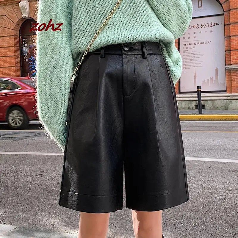 

Fashion PU Leather Shorts Women's Autumn Winter Elastic High Waist Loose Five Points Leather Trousers Plus Size Wide Leg Shorts