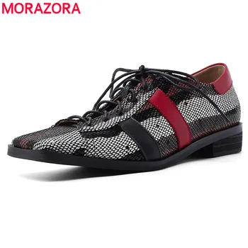 

MORAZORA 2020 spring genuine leather women shoes low heel square toe casual shoes fashion lace up 2 colors ladies shoes