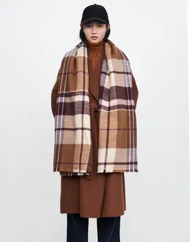 

2019 autumn and winter new female coffee color plaid raw edge imitation cashmere double-sided scarf thick warm shawl