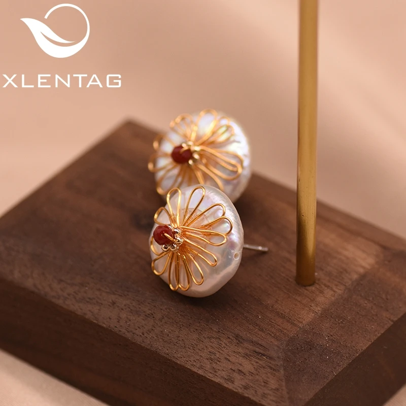 XlentAg натуральные пресноводные барочные круглые плоские жемчужные серьги