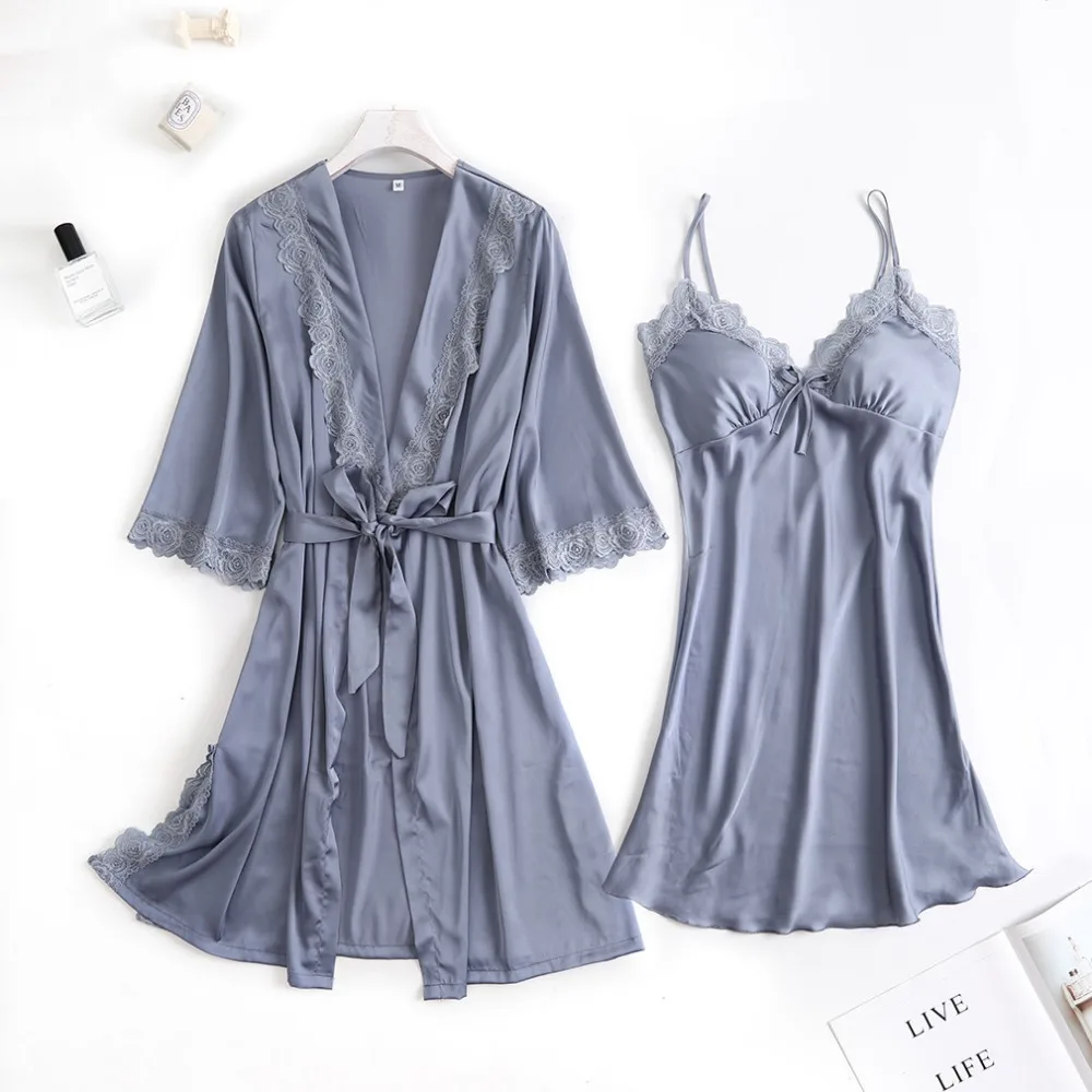 Осенние женские наборы ночных рубашек 2 шт ночной халат с нагрудной накладкой женское атласное кимоно банное платье пижамы розовый халат костюм