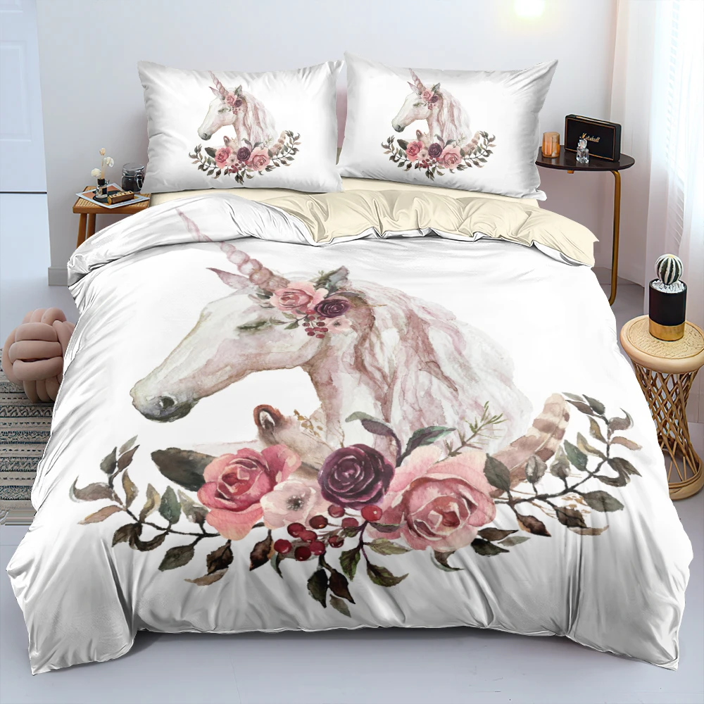 High Quality Cartoon Unicorn Quilt Cover Set Bedclothes Twin Full/Double Queen King Smooth Close Skin Rose Pattern Customized king size comforter