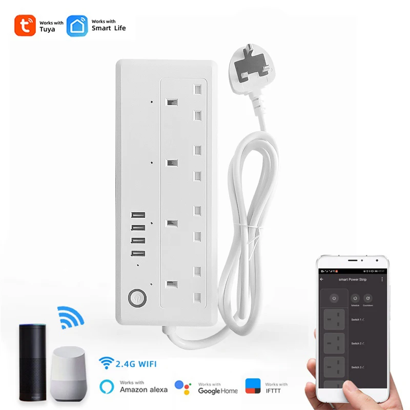 

Tuya Smart UK 13A Wifi Control Power Strip,4 Outlet Socket Plug,4 USB Charging Ports,1.7m Extension Cable,Timer,Overload Protect
