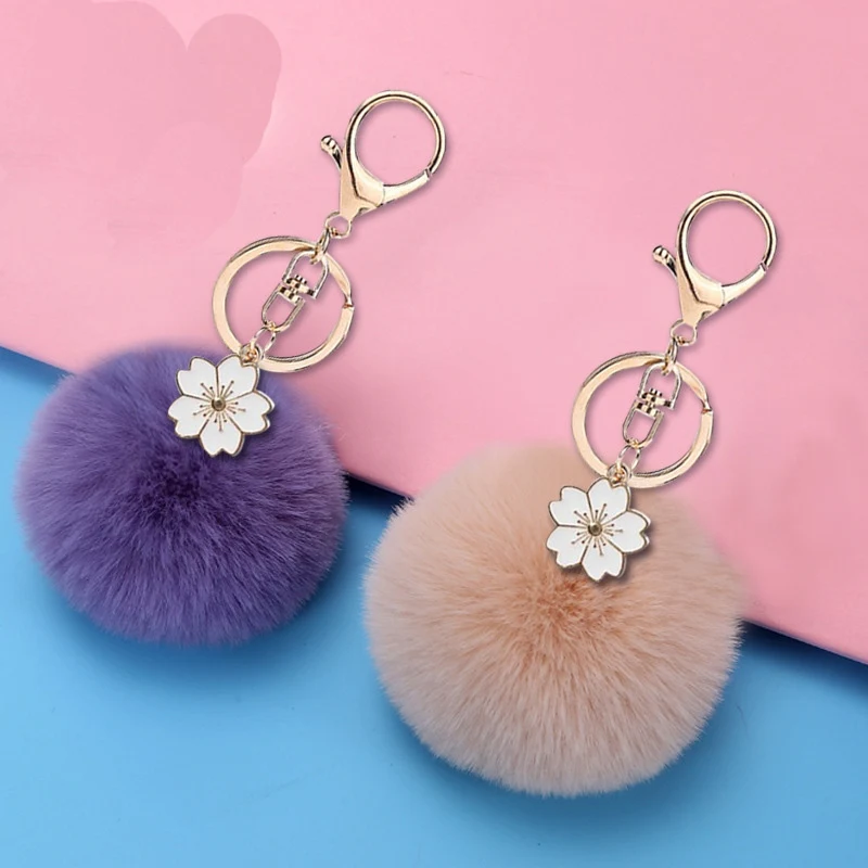 Cute Fluffy Fur Ball Key Chain Flower Artificial Rabbit Pompons Car Pendant Keyring Holder Charm Bag Girl Party Gift | Украшения и