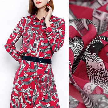 

135CM Wide 10MM Cartoon Cats Print Thin Red Silk Georgette Fabric for Summer Dress Jacket Pants DE1072