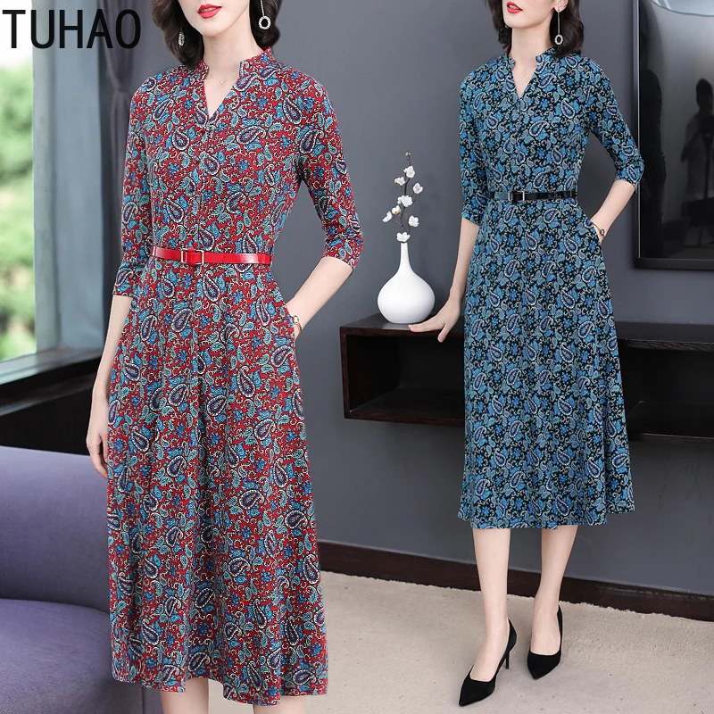 TUHAO Fall Vintage Elegant Middle Age Mother Office Lady Dresses Women Long Sleeve Midi Party Korean Dress Autumn Vestidos | Женская