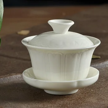 

Ceramic Whiteware Ivory White Three-Force Cover Bowl Small Number Tea Bowl Jade Porcelain Tea Set Gift Cup with Cover Gaiwan