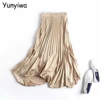 

women solid pleated midi skirt vintage side zipper office ladies elegant chic mid calf skirts high quality 4C15