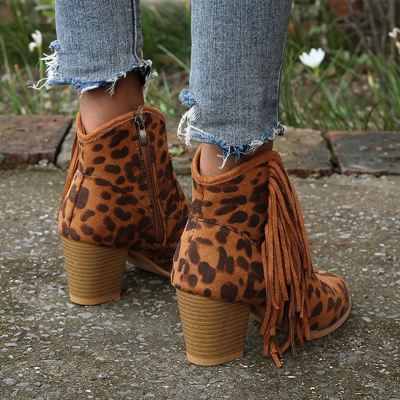 Aphixta/женские ботильоны с бахромой и леопардовым принтом; ботинки из искусственной кожи на молнии с квадратным каблуком; пикантные ботинки с острым носком; женская обувь; Прямая поставка