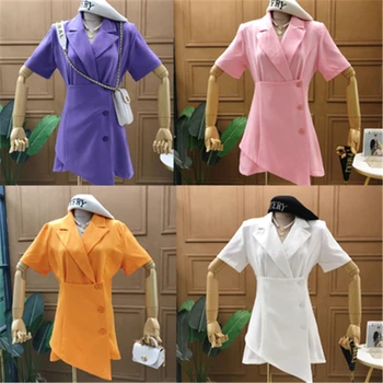 

French Women Dress Solid Candy Colors Irregular Button Notched A-line Mini Shirt Suit Dress Vintage Vacation Elegant Female