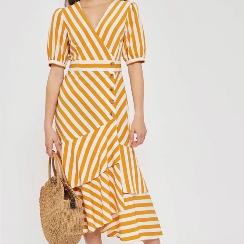Boho chic Женские желтое Полосатое платье с v-образным вырезом платья с короткими рукавами женские пояса боты миди платье, элегантное, Vestidos