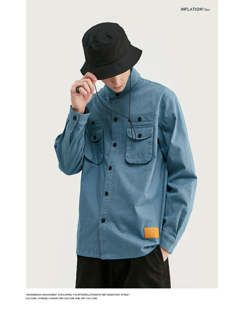 Мужская рубашка chemise homme осень весна последняя быстрая мода повседневная свободная Мужская рубашка с длинным рукавом карго стиль