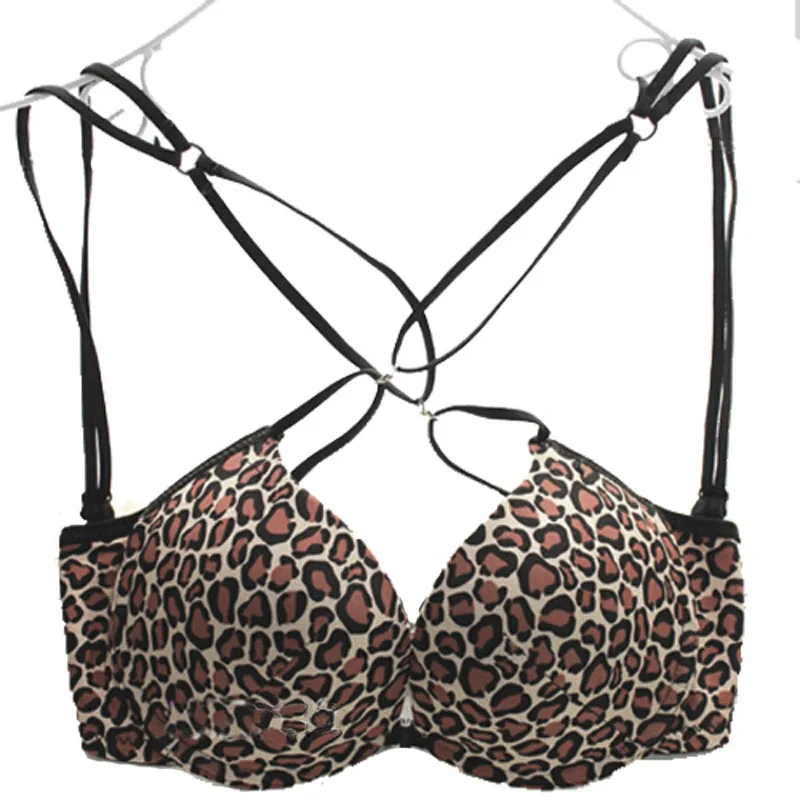 

Cup AB Super gather push up bra sexy leopard print cross buckle strap piece lingerie bra set underwear women Front buckle