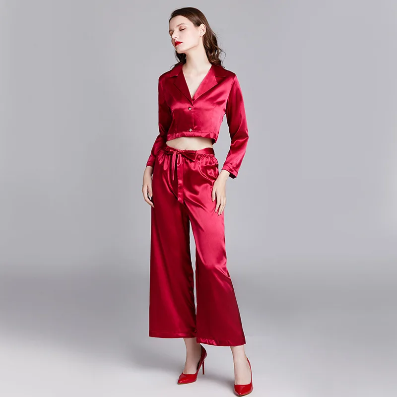 Wasteheart Pink Red Women's Sleep Pajama Sets Sleepwear Bath Sexy Nightwear Suits Faux Silk 2 Pieces Sleep Sets Midriff