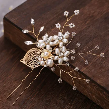 

Wedding Festival Alloy Leaves Rhinestone Pearl Flower U-Shape Hairpin Beautiful Bride Headdress Plait Hair Clip Vine Accessories