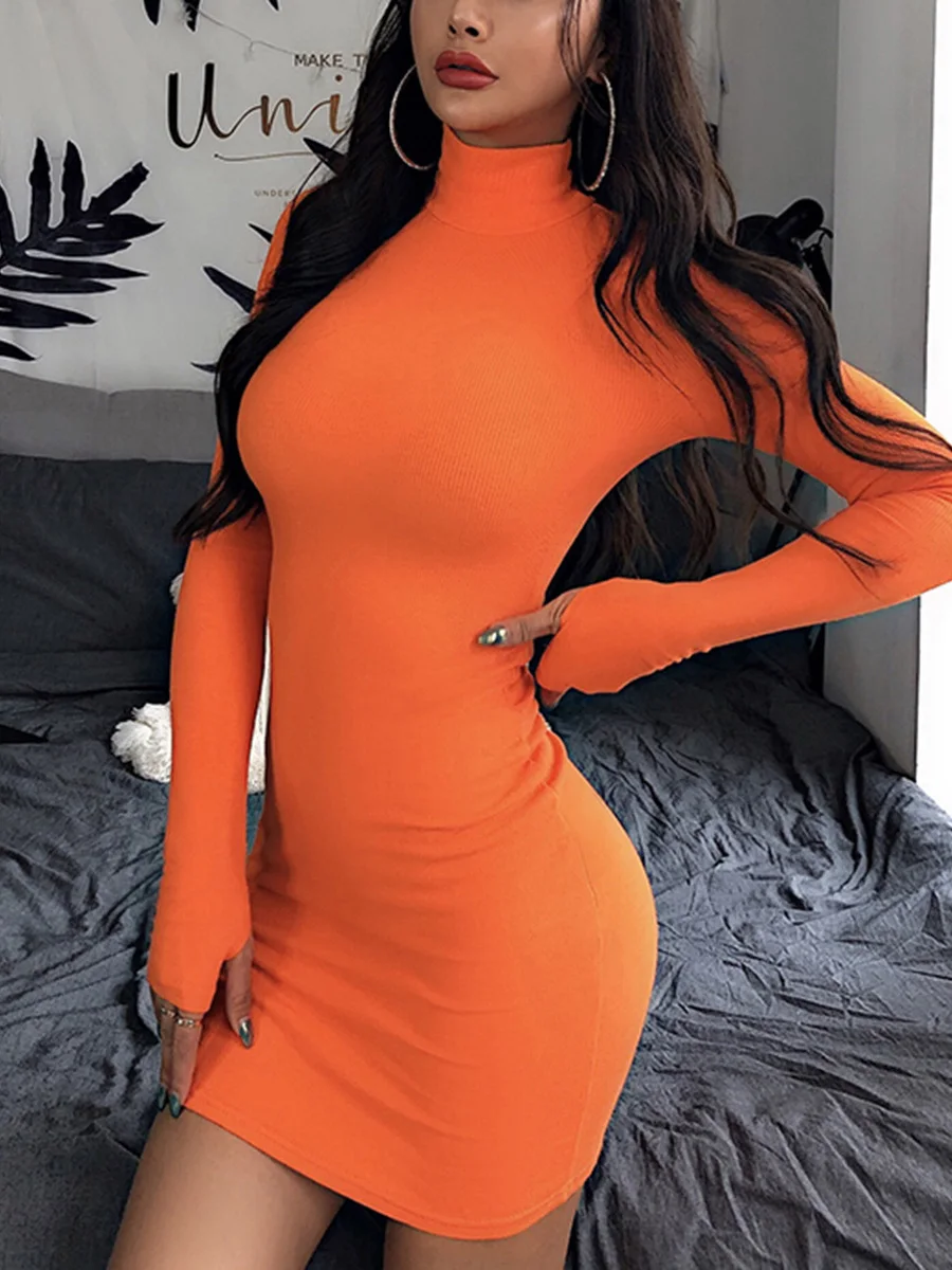 

2019 Autumn Bodycon Women Pure Color Chic Casual Sexy Club Hip Dresses half-high collar long-sleeved Vestidos Pencil Dress