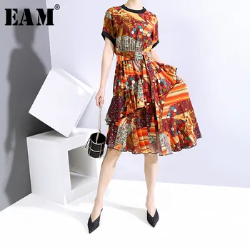 

[EAM] Women Pattern Printed Big Size Irregular Dress New Round Neck Short Sleeve Loose Fit Fashion Spring Summer 2020 1W004