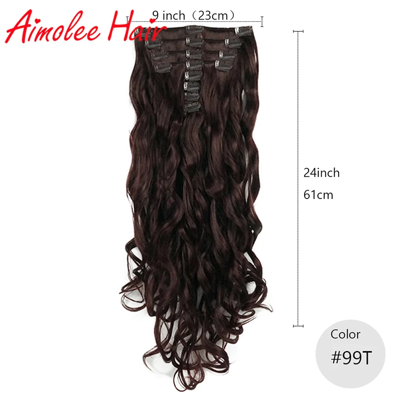 24inch 8pcs/set Natural Long Wavy Copper Red Auburn Synthetic Hairpiece Clip In Hair Extensions 16 Clip High Temperature Fiber