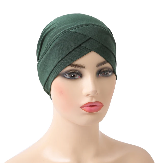 H117 High Quality Criss Cross Muslim Hijab Inner Hat Underscarf Pull On Islamic Scarf Turban Caps Full Headcover Women Headwrap dark green