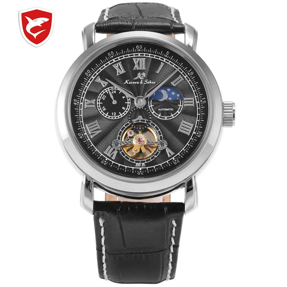 

KS Brand New Navigator Series Automatic Mechanical Self Wind Watch Tourbillion Silver Dial Black Leather Strap Men Watch/ KS222