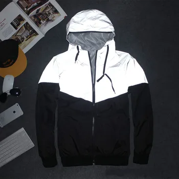 

New Full Reflective Jacket Men Windproof Harajuku Windbreaker Jackets Hooded Hip-hop Streetwear Night Shiny Zipper Coats Jacke