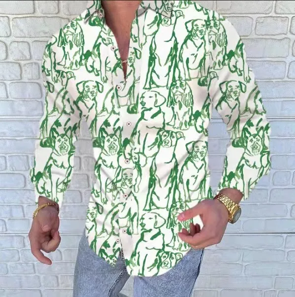 Casual Men Slim Fit Print Party Club Shirt Luxury Brand Printed Shirt 2021 Spring and Autumn Men Fashion Trend Long Sleeve Shirt Green