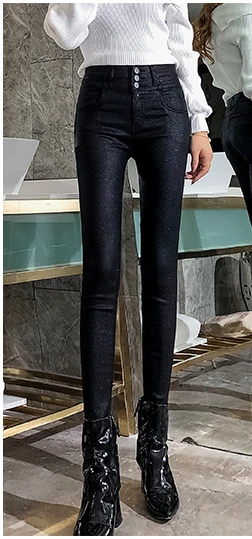 Aimsnug размера плюс с высокой талией плюс бархатные женские обтягивающие брюки карандаш осенние и зимние Новые матовые женские брюки из искусственной кожи - Цвет: Three buttons 1