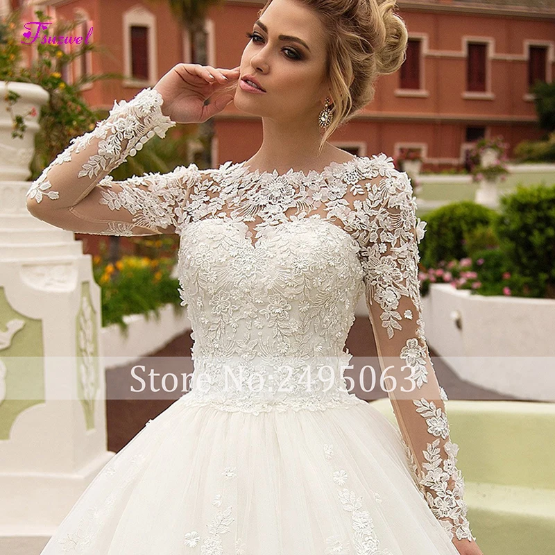 Fsuzwel New Charming Appliques Long Sleeves A-Line Wedding Dresses 2022 Luxury Scoop Neck Lace Up Princess Bridal Gown Plus Size wedding dress for women