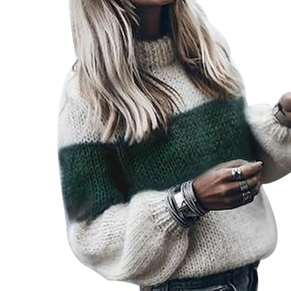 

Autumn Winter Women's Solid Color Sweater Round Neck Loose Knit Striped Pullover Long Sleeve Warm Loose Soft Sweater 2019