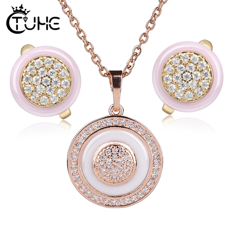 

2019 Fashion Pink White Women Jewelry Sets White Circle Crystal Ceramic Necklaces Earrings Sets Wedding Jewelry Christmas Gift