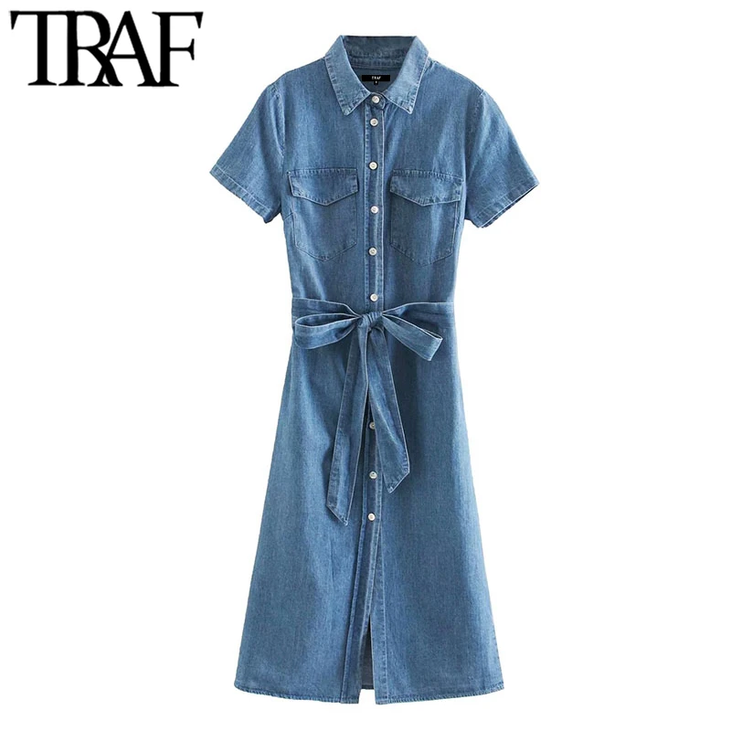 short sleeve denim midi dress