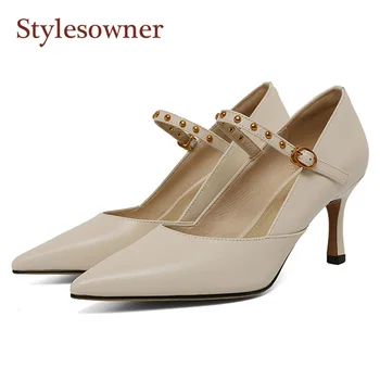

Pointed Toe Thin Heels Genuine Leather Party Shoes Retro One-word Buckle Shallow Mouth High Heel Elegant Ladies Pumps Spring