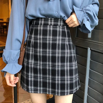 

Vintage Plaid Skirt Women 2020 Summer Korean High Waist Skirt Loose Fashion Plaid A Line Skirt plaid black Skirts Womans