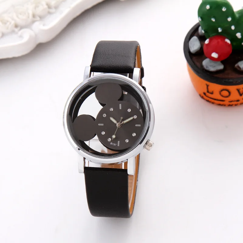 

Fashion Simple Elegant Girl'S Students Cute Hollow out Quartz Mickey Leather Watch Strap Children's Watch